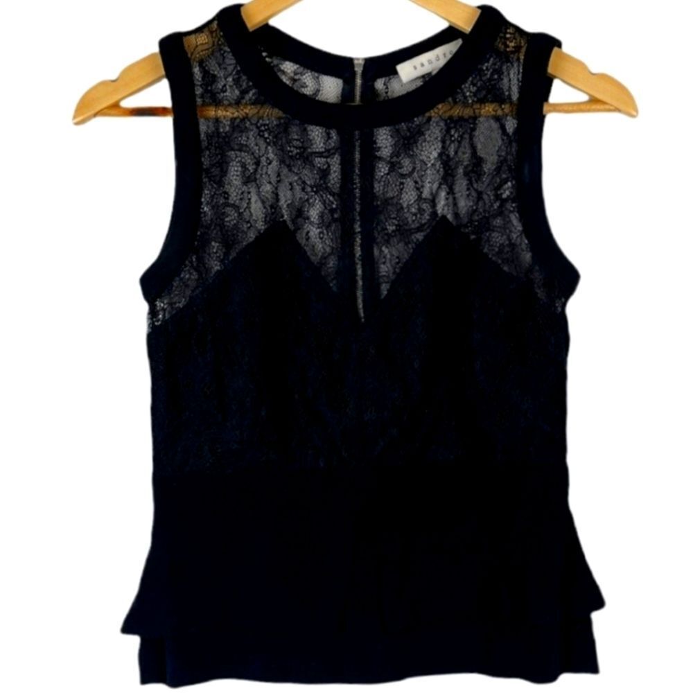 Sandro Lace Peplum Tiered Sleeveless Top Black Zipper Back Size 1 Small